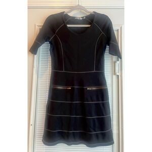 ATHLETA Strata Stretch Ponte Dress Black Travel Short Sleeve Zip Pockets Sz XS